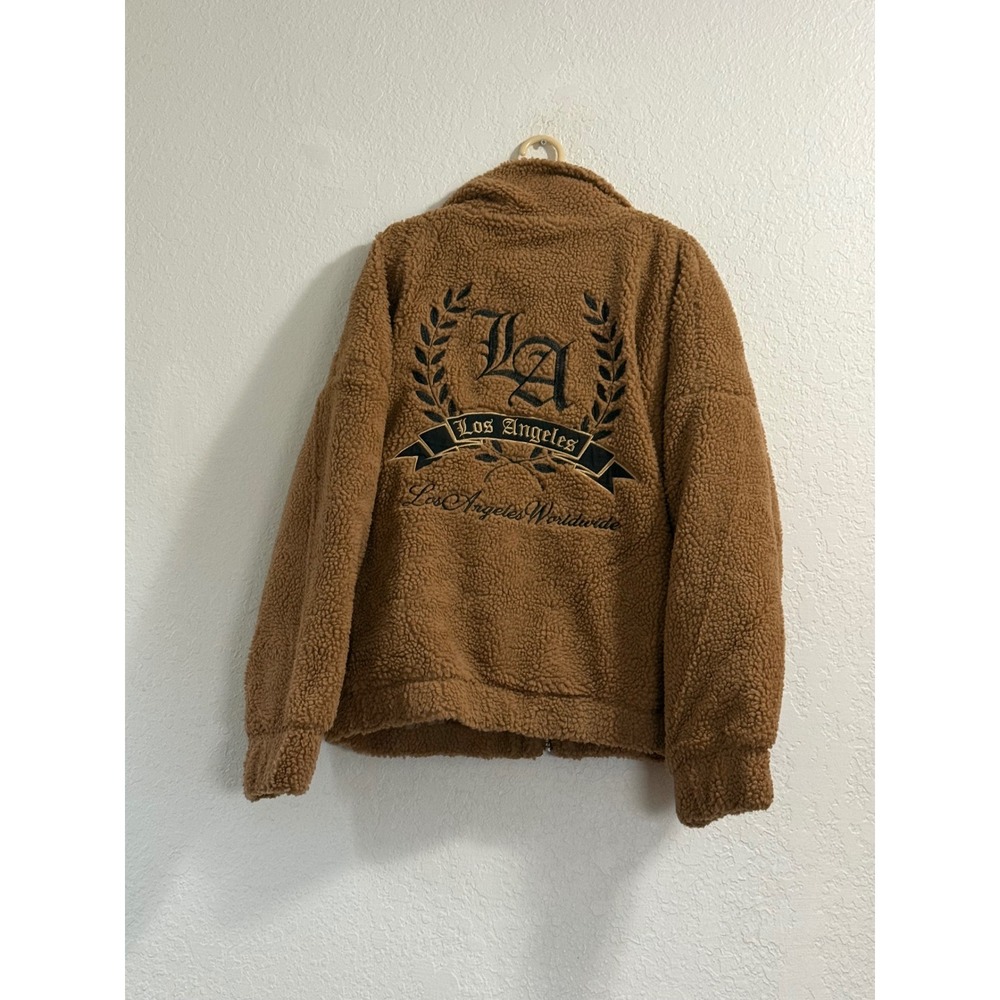 Fashion Nova Los Angeles Worldwide Sherpa Jacket Brown LA Graphic Fleece XL